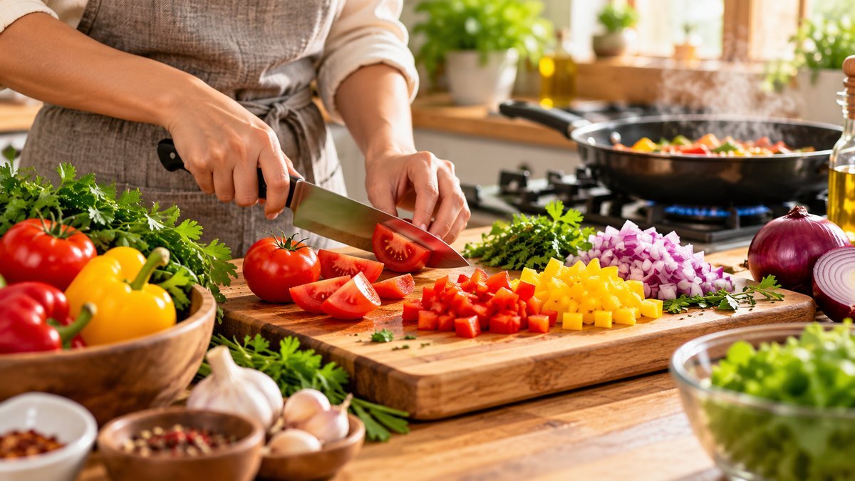 Preparing ingredients in a home kitchen